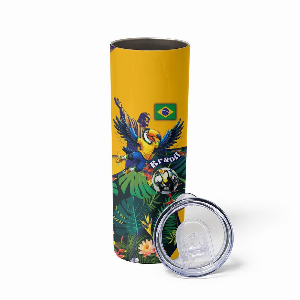 Personalized Brazil Soccer Skinny Tumbler Toucan Football Mascot - Christ the Redeemer - Tropical Floral