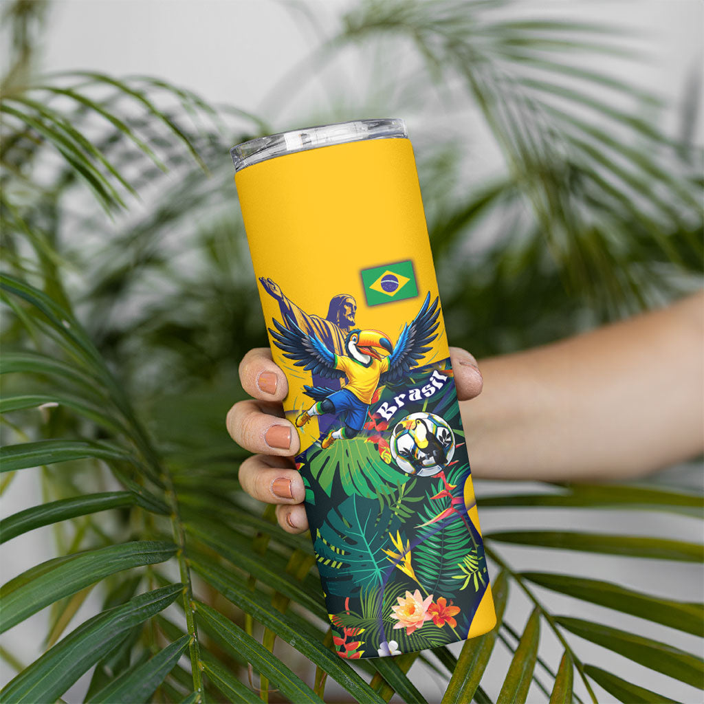 Personalized Brazil Soccer Skinny Tumbler Toucan Football Mascot - Christ the Redeemer - Tropical Floral