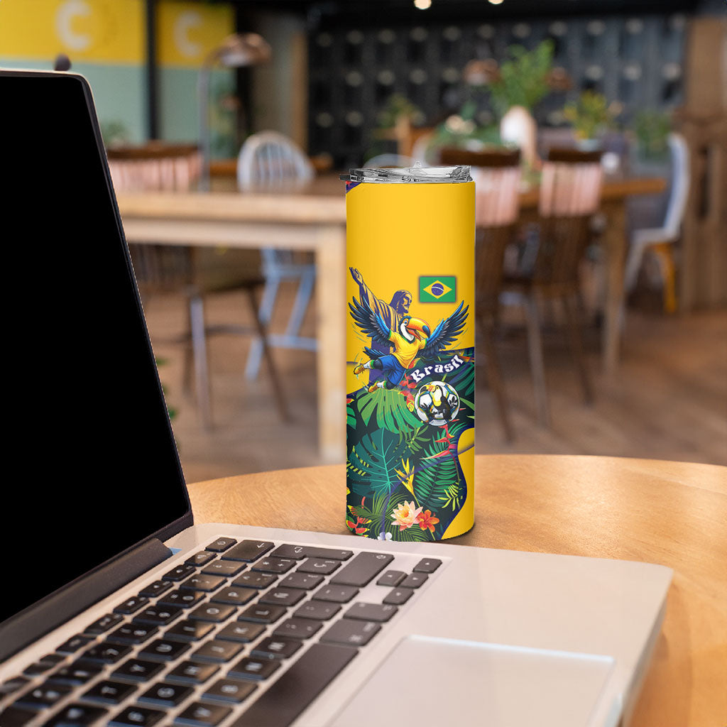 Personalized Brazil Soccer Skinny Tumbler Toucan Football Mascot - Christ the Redeemer - Tropical Floral