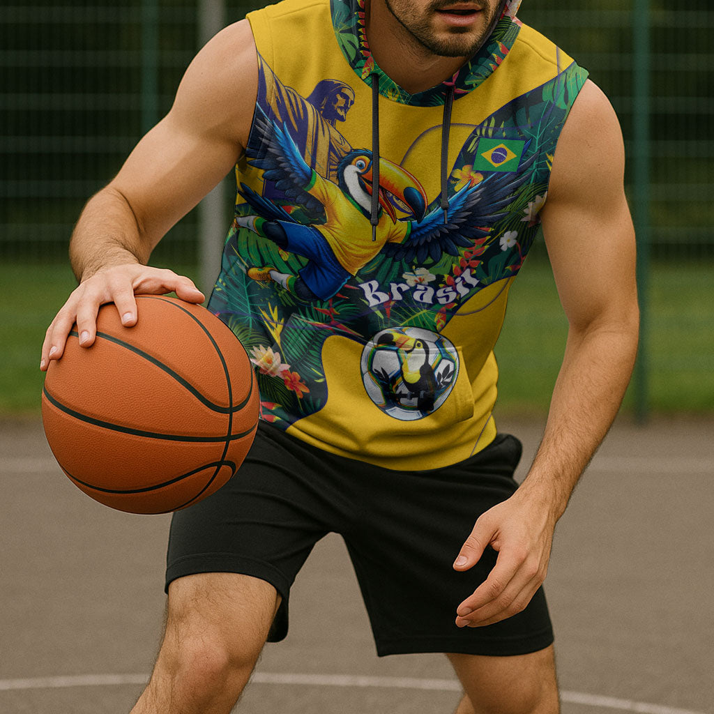 Personalized Brazil Soccer Sleeveless Hoodie Toucan Football Mascot - Christ the Redeemer - Tropical Floral