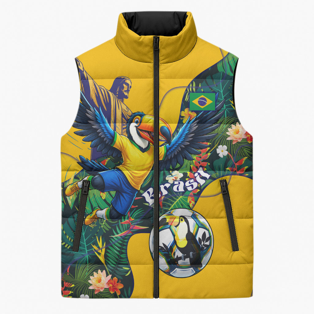 Personalized Brazil Soccer Sleeveless Puffer Jacket Toucan Football Mascot - Christ the Redeemer - Tropical Floral