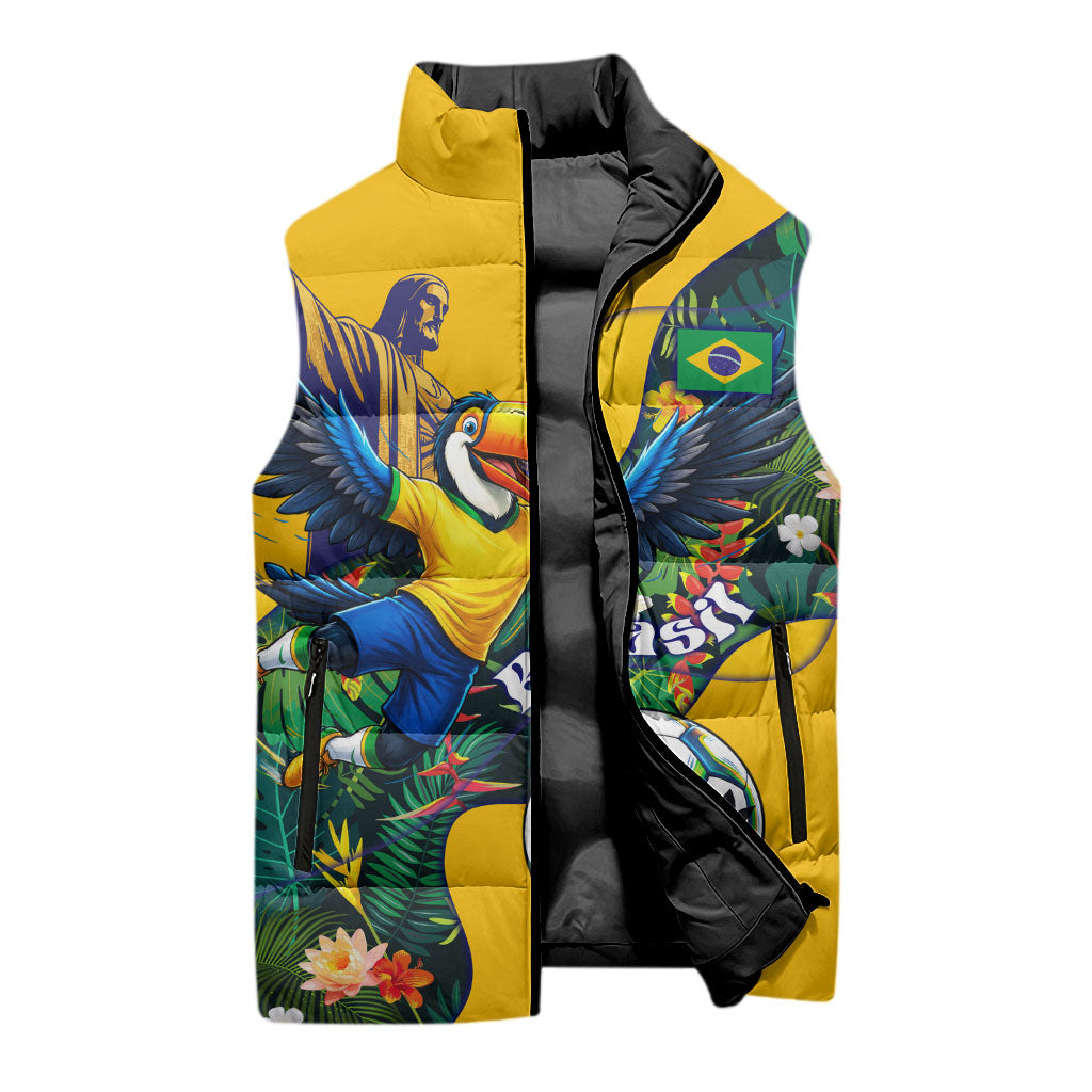 Personalized Brazil Soccer Sleeveless Puffer Jacket Toucan Football Mascot - Christ the Redeemer - Tropical Floral