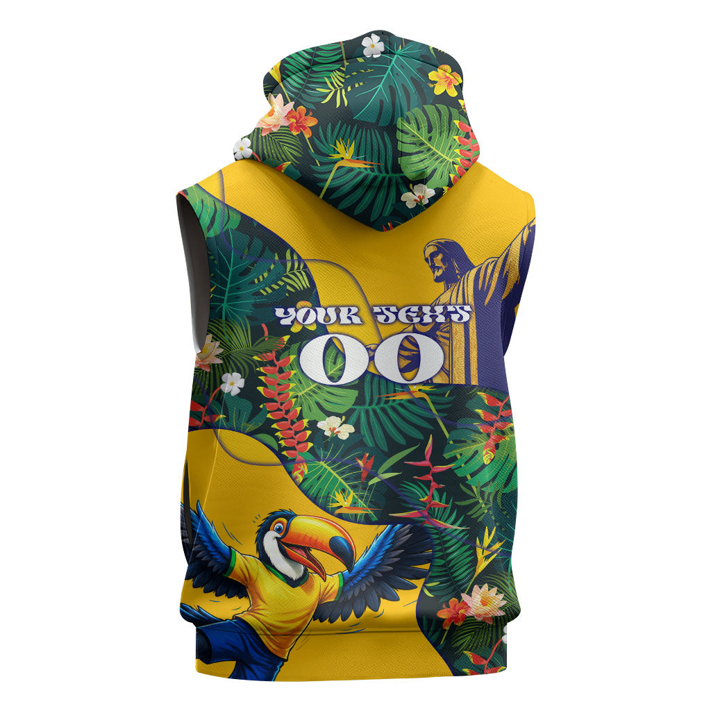 Personalized Brazil Soccer Sleeveless Zip Hoodie Toucan Football Mascot - Christ the Redeemer - Tropical Floral