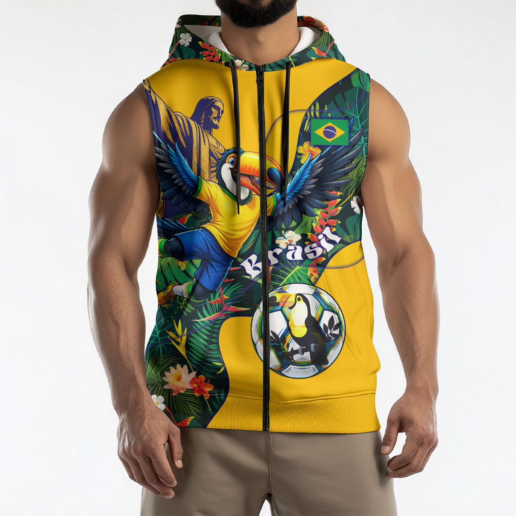 Personalized Brazil Soccer Sleeveless Zip Hoodie Toucan Football Mascot - Christ the Redeemer - Tropical Floral