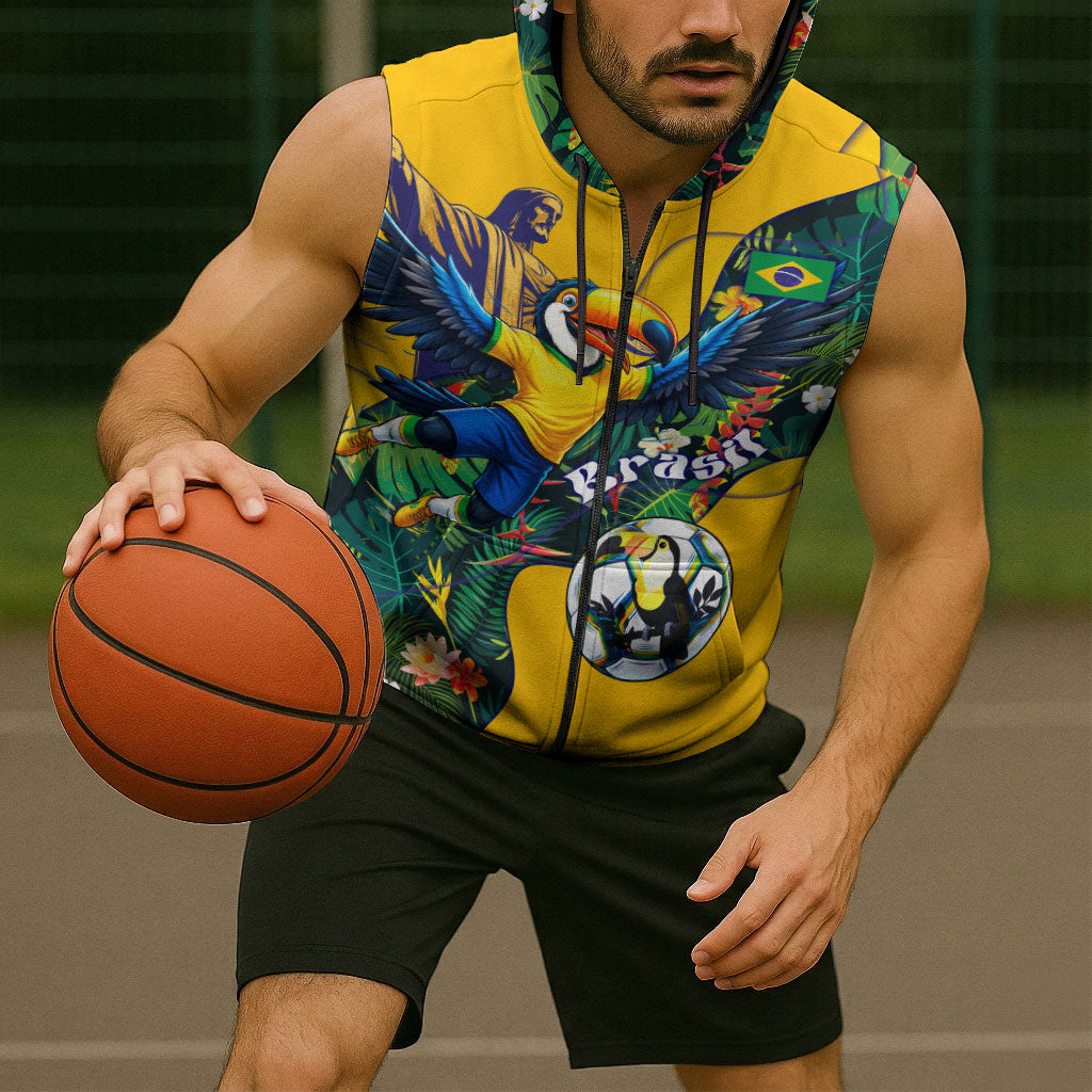 Personalized Brazil Soccer Sleeveless Zip Hoodie Toucan Football Mascot - Christ the Redeemer - Tropical Floral