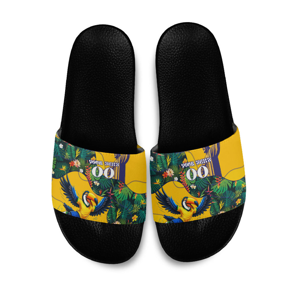 Personalized Brazil Soccer Slide Sandals Toucan Football Mascot - Christ the Redeemer - Tropical Floral