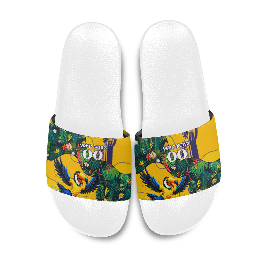 Personalized Brazil Soccer Slide Sandals Toucan Football Mascot - Christ the Redeemer - Tropical Floral