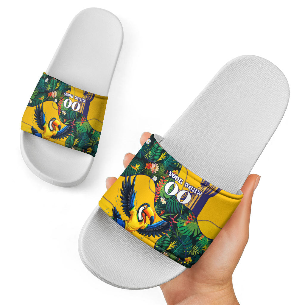 Personalized Brazil Soccer Slide Sandals Toucan Football Mascot - Christ the Redeemer - Tropical Floral