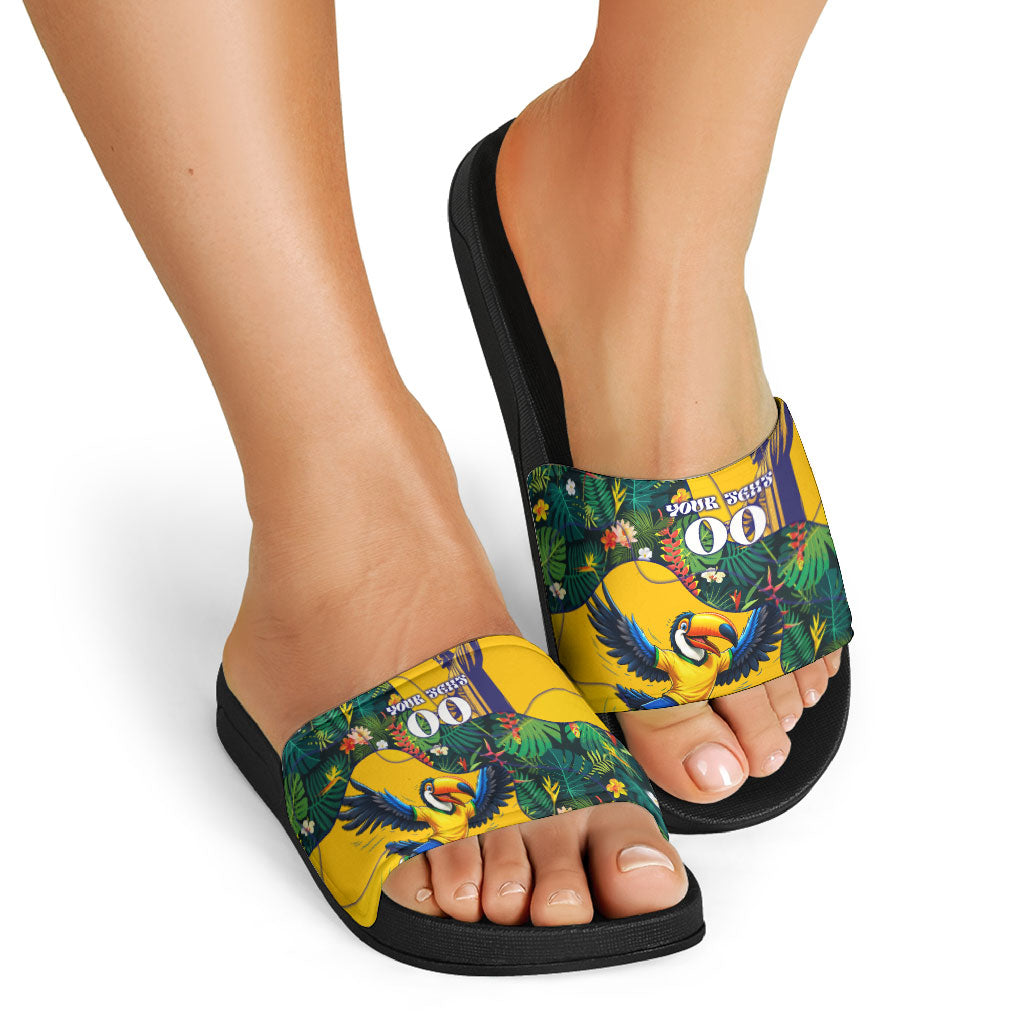Personalized Brazil Soccer Slide Sandals Toucan Football Mascot - Christ the Redeemer - Tropical Floral