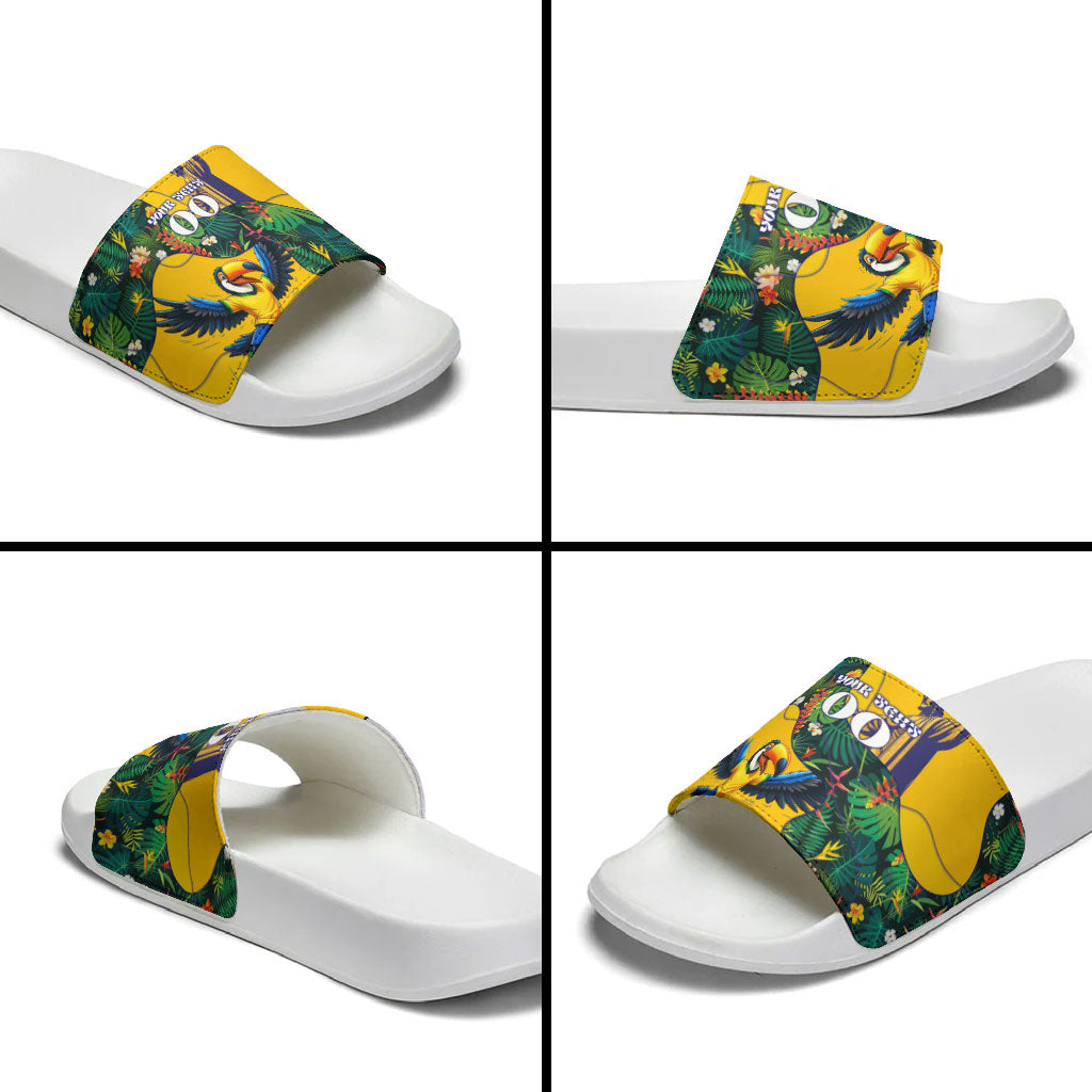 Personalized Brazil Soccer Slide Sandals Toucan Football Mascot - Christ the Redeemer - Tropical Floral
