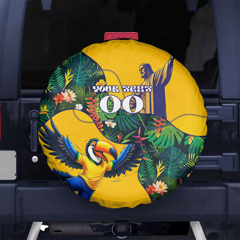 Personalized Brazil Soccer Spare Tire Cover Toucan Football Mascot - Christ the Redeemer - Tropical Floral