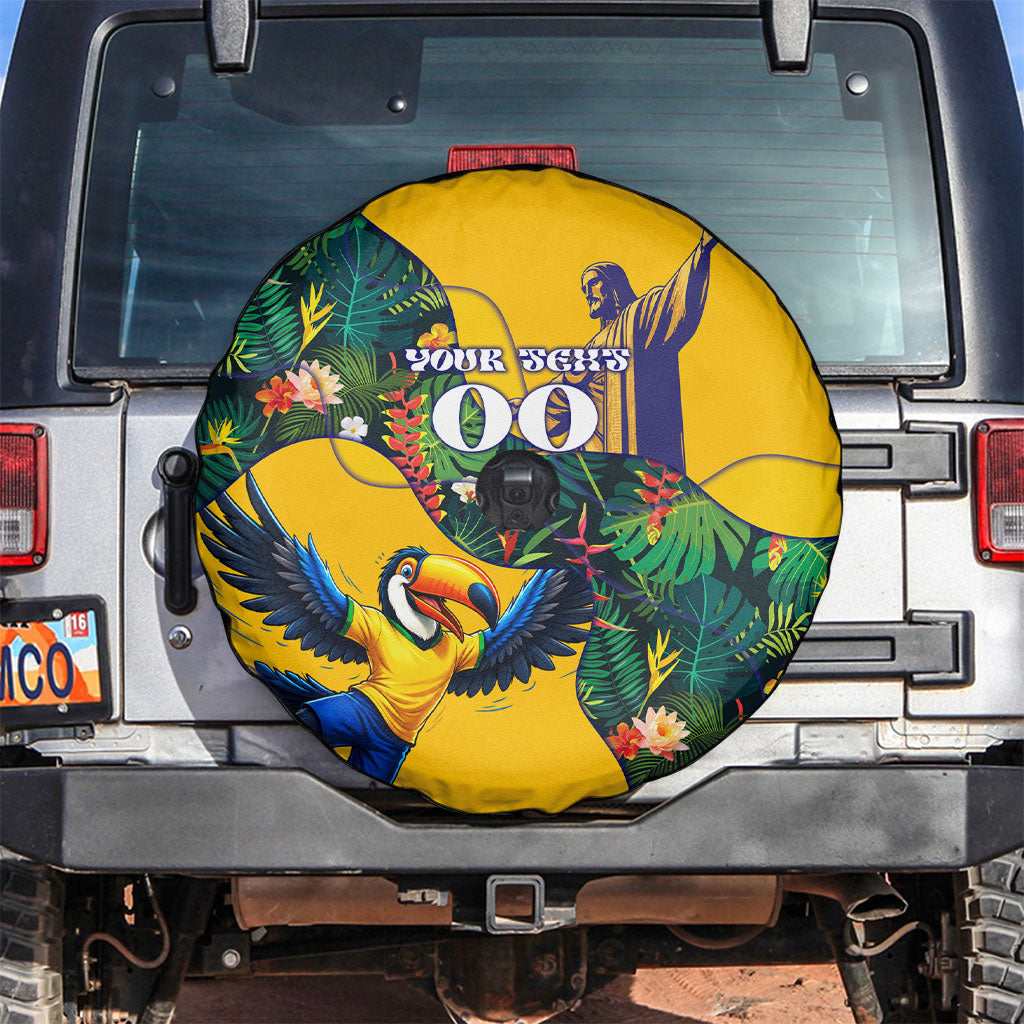 Personalized Brazil Soccer Spare Tire Cover Toucan Football Mascot - Christ the Redeemer - Tropical Floral