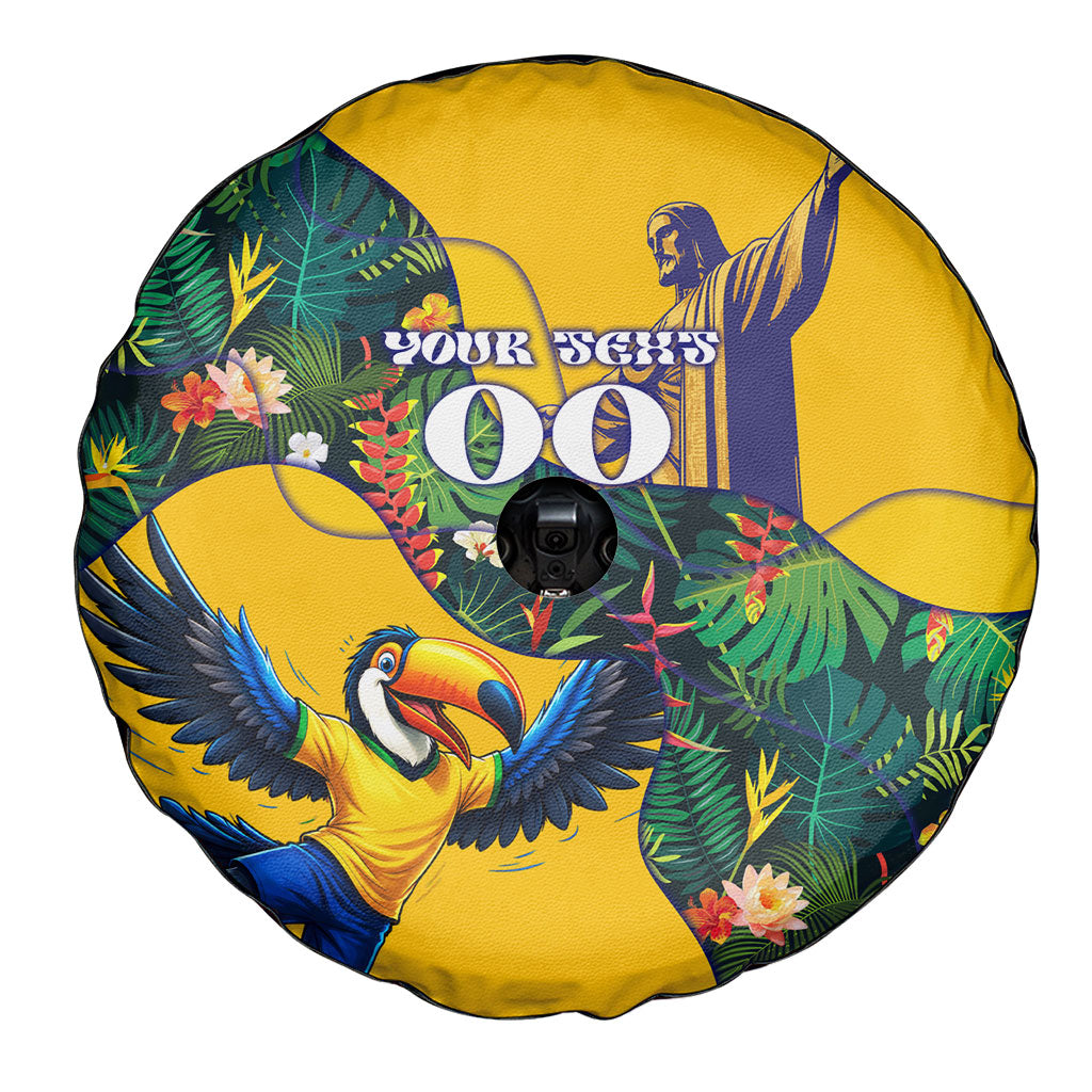 Personalized Brazil Soccer Spare Tire Cover Toucan Football Mascot - Christ the Redeemer - Tropical Floral