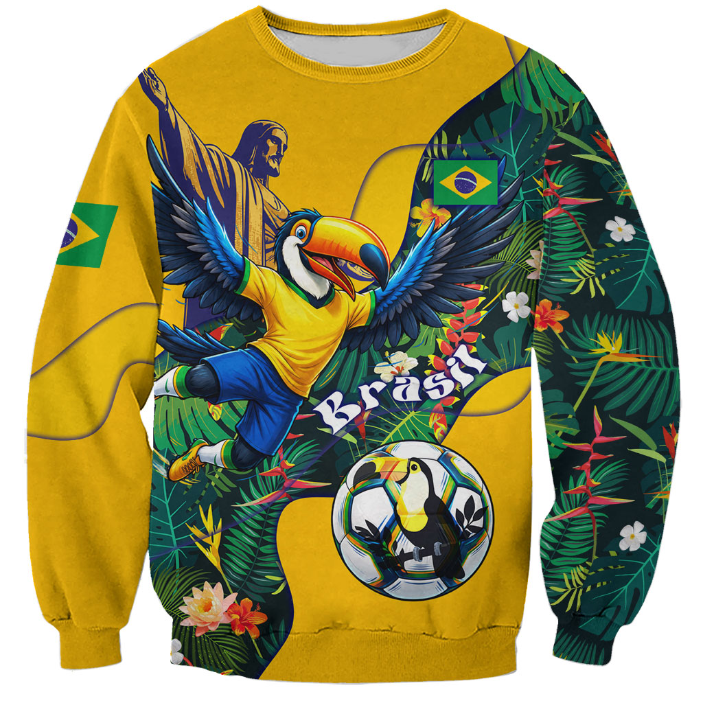 Personalized Brazil Soccer Sweatshirt Toucan Football Mascot - Christ the Redeemer - Tropical Floral