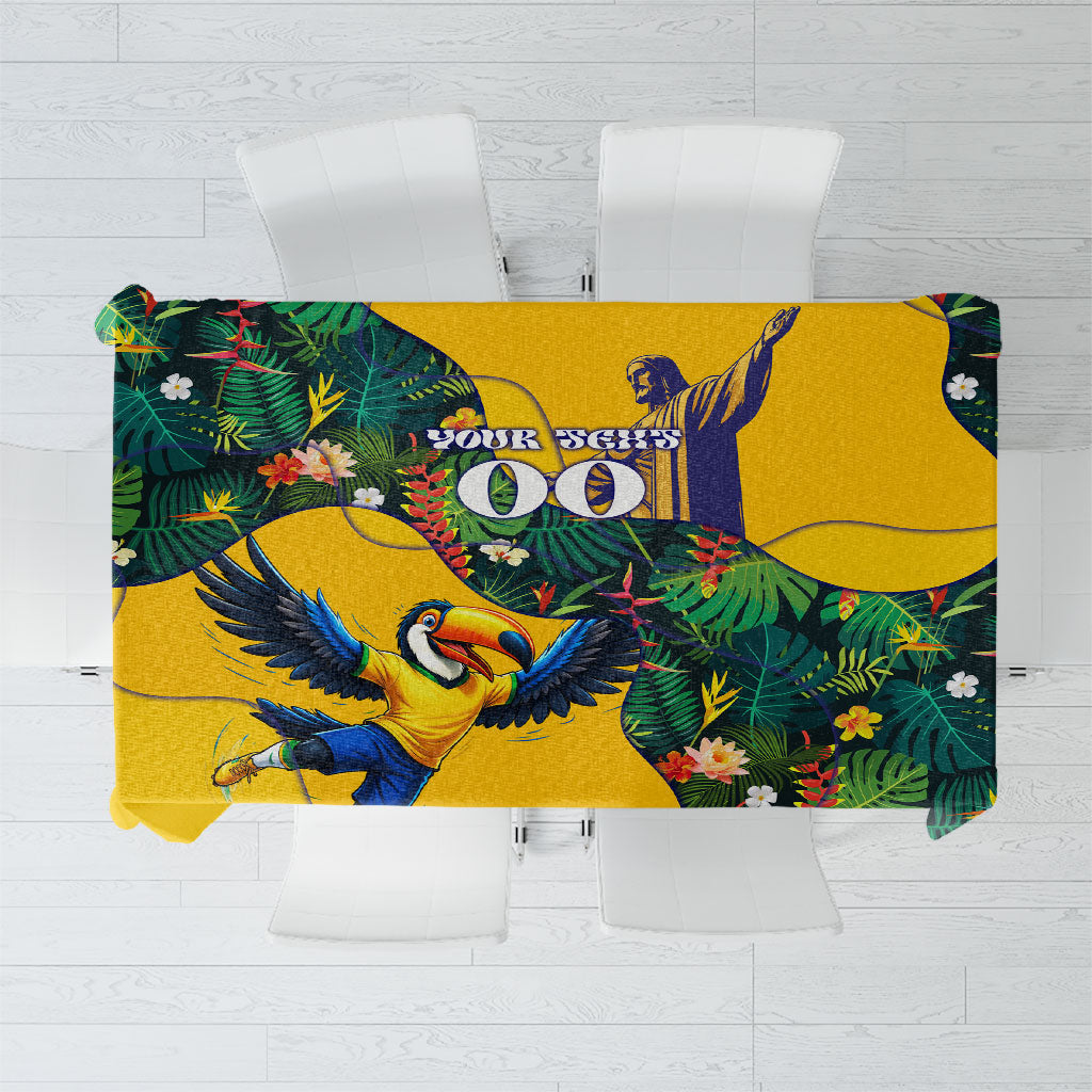 Personalized Brazil Soccer Tablecloth Toucan Football Mascot - Christ the Redeemer - Tropical Floral