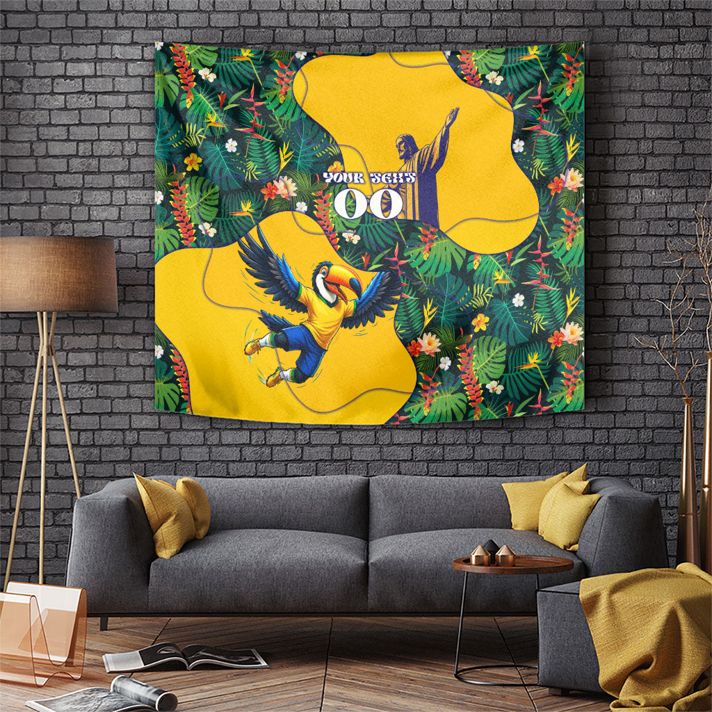 Personalized Brazil Soccer Tapestry Toucan Football Mascot - Christ the Redeemer - Tropical Floral