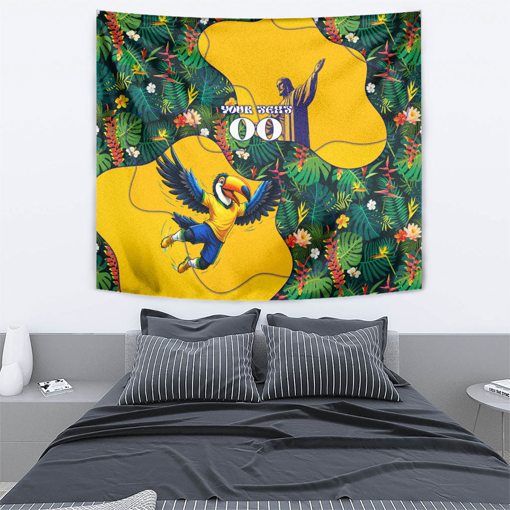 Personalized Brazil Soccer Tapestry Toucan Football Mascot - Christ the Redeemer - Tropical Floral