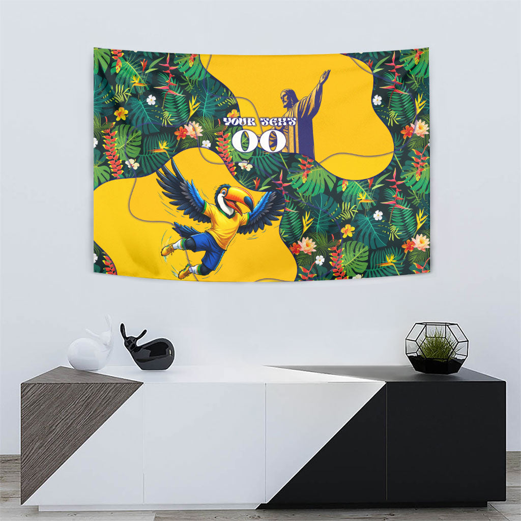 Personalized Brazil Soccer Tapestry Toucan Football Mascot - Christ the Redeemer - Tropical Floral