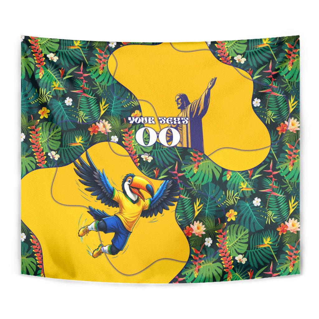 Personalized Brazil Soccer Tapestry Toucan Football Mascot - Christ the Redeemer - Tropical Floral