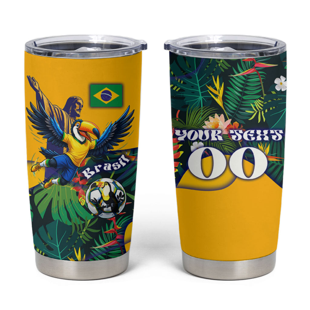 Personalized Brazil Soccer Tumbler Cup Toucan Football Mascot - Christ the Redeemer - Tropical Floral