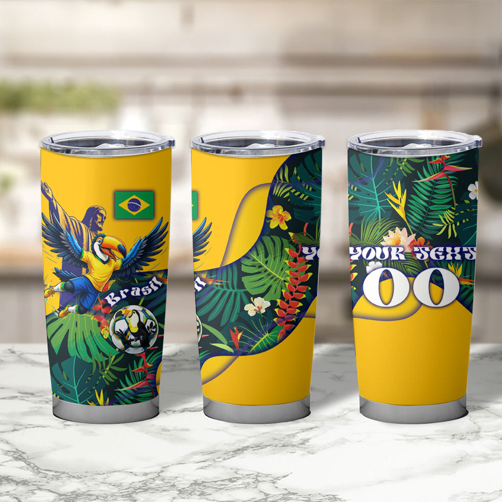 Personalized Brazil Soccer Tumbler Cup Toucan Football Mascot - Christ the Redeemer - Tropical Floral
