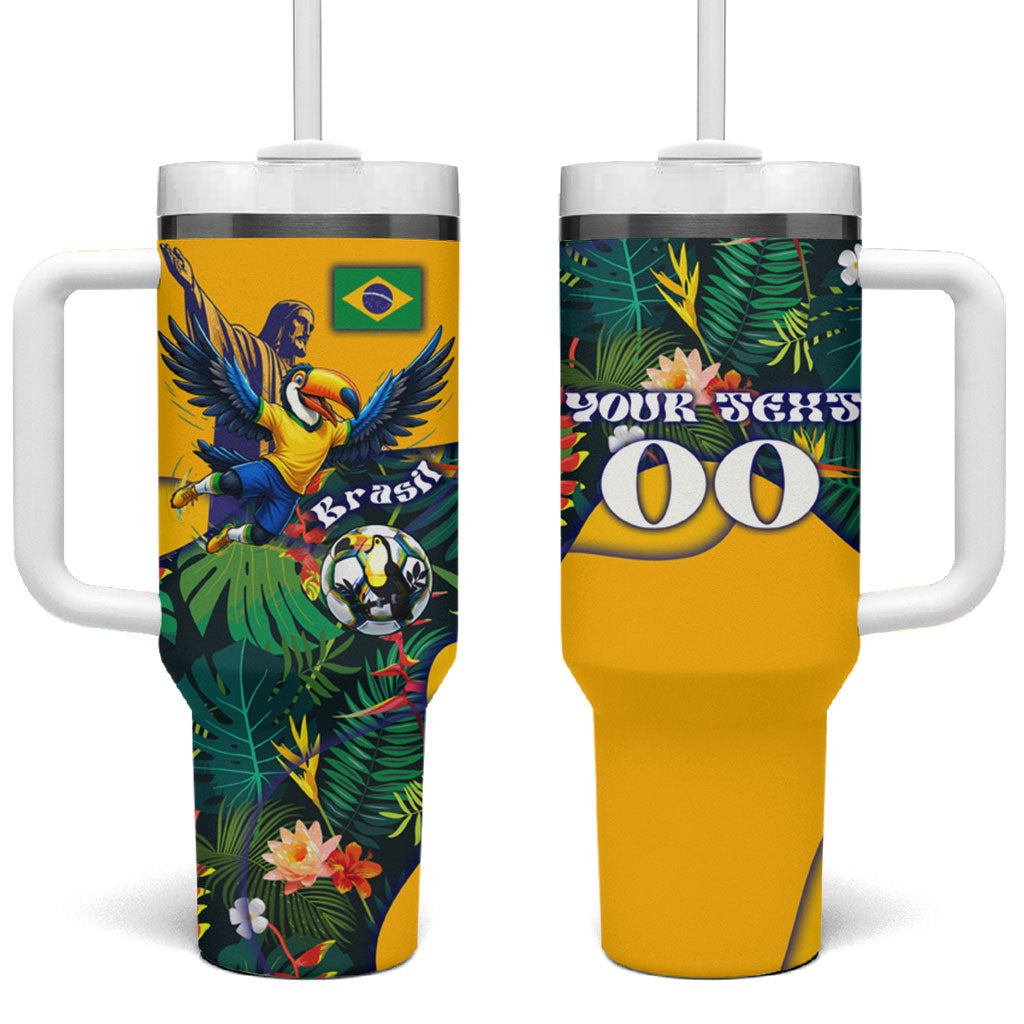 Personalized Brazil Soccer Tumbler With Handle Toucan Football Mascot - Christ the Redeemer - Tropical Floral