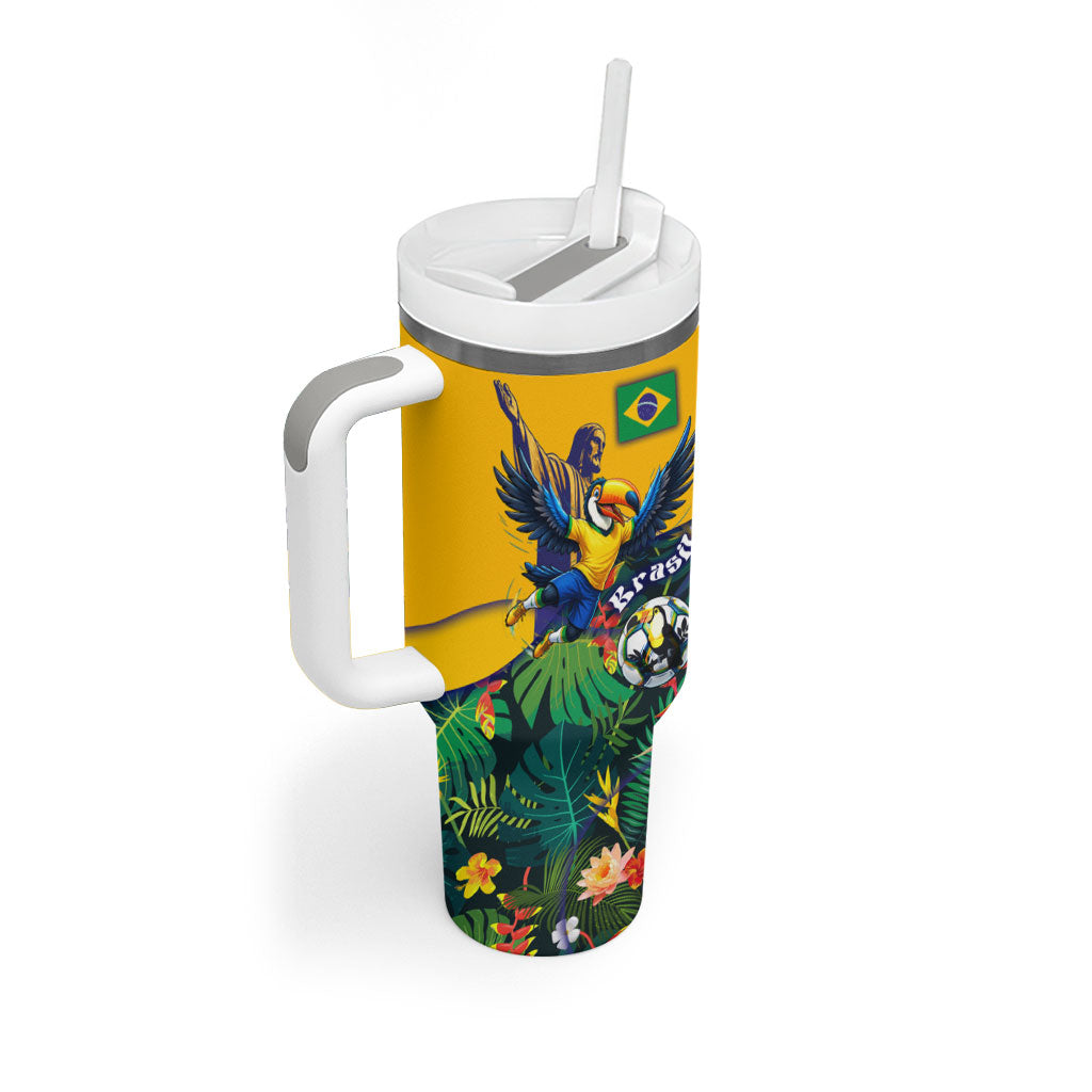 Personalized Brazil Soccer Tumbler With Handle Toucan Football Mascot - Christ the Redeemer - Tropical Floral