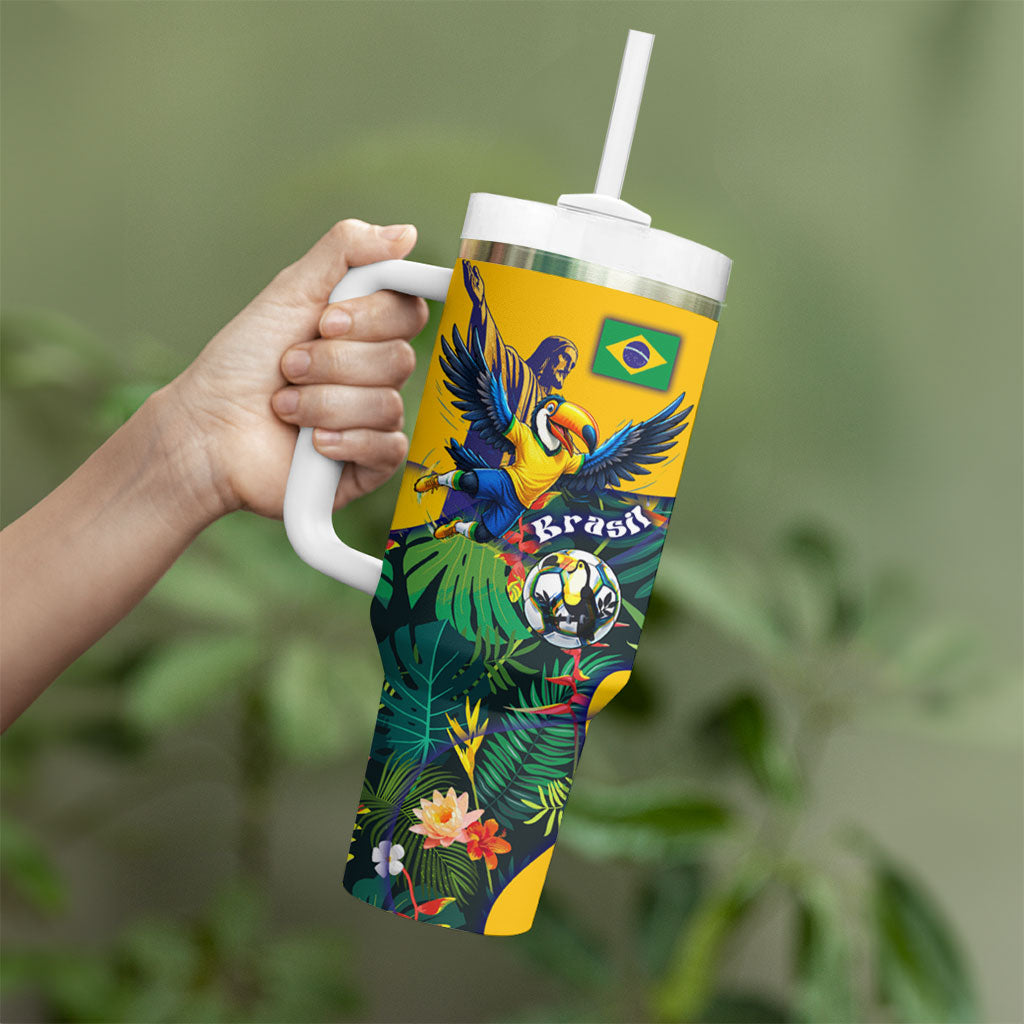 Personalized Brazil Soccer Tumbler With Handle Toucan Football Mascot - Christ the Redeemer - Tropical Floral