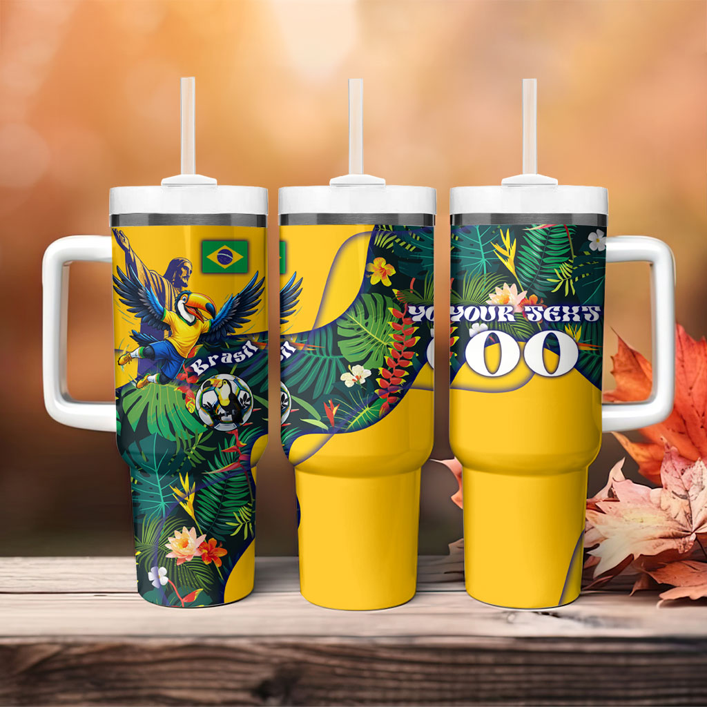 Personalized Brazil Soccer Tumbler With Handle Toucan Football Mascot - Christ the Redeemer - Tropical Floral
