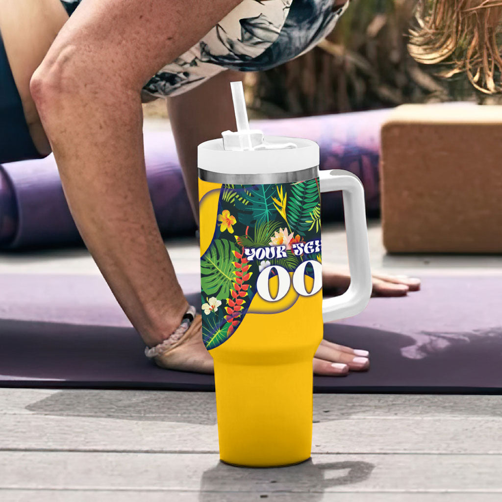 Personalized Brazil Soccer Tumbler With Handle Toucan Football Mascot - Christ the Redeemer - Tropical Floral
