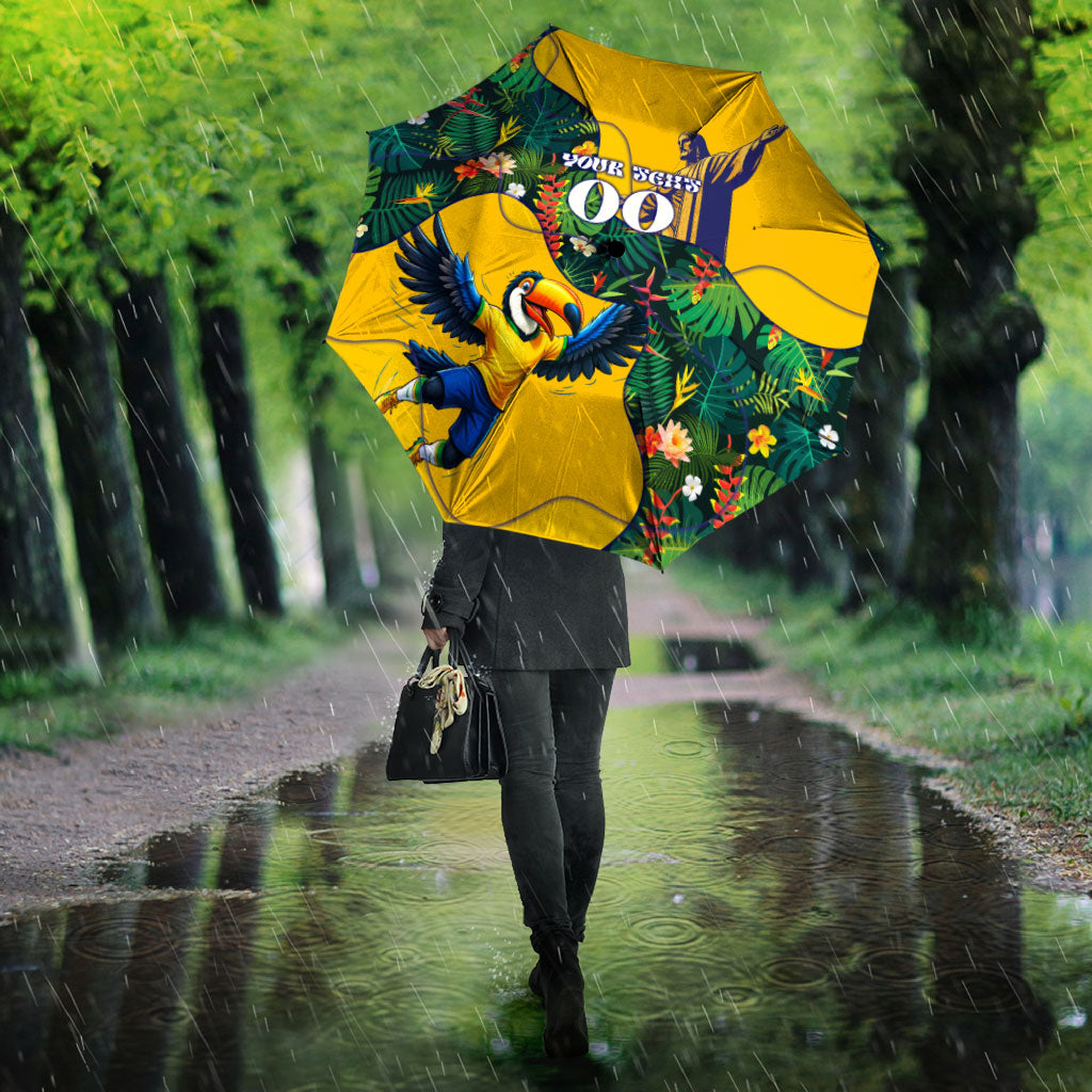 Personalized Brazil Soccer Umbrella Toucan Football Mascot - Christ the Redeemer - Tropical Floral