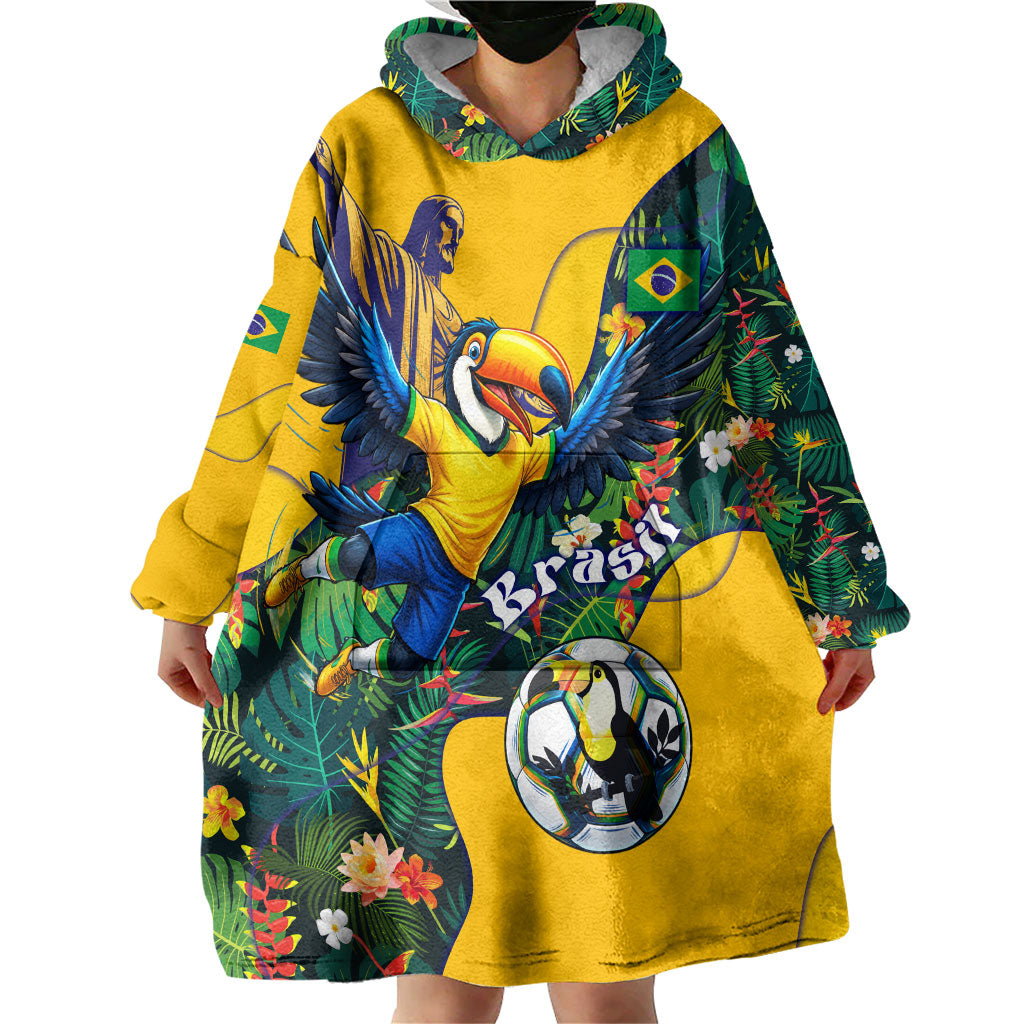 Personalized Brazil Soccer Wearable Blanket Hoodie Toucan Football Mascot - Christ the Redeemer - Tropical Floral