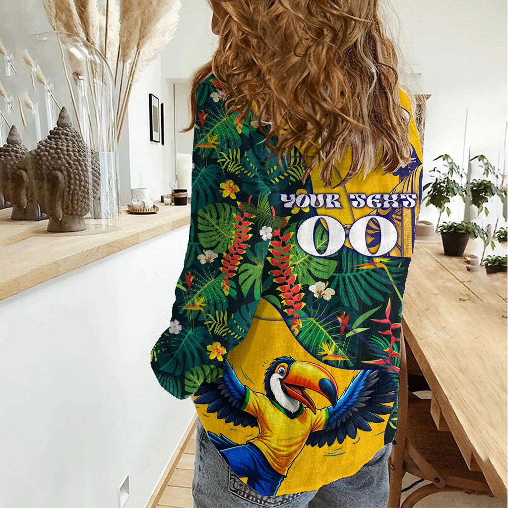 Personalized Brazil Soccer Women Casual Shirt Toucan Football Mascot - Christ the Redeemer - Tropical Floral