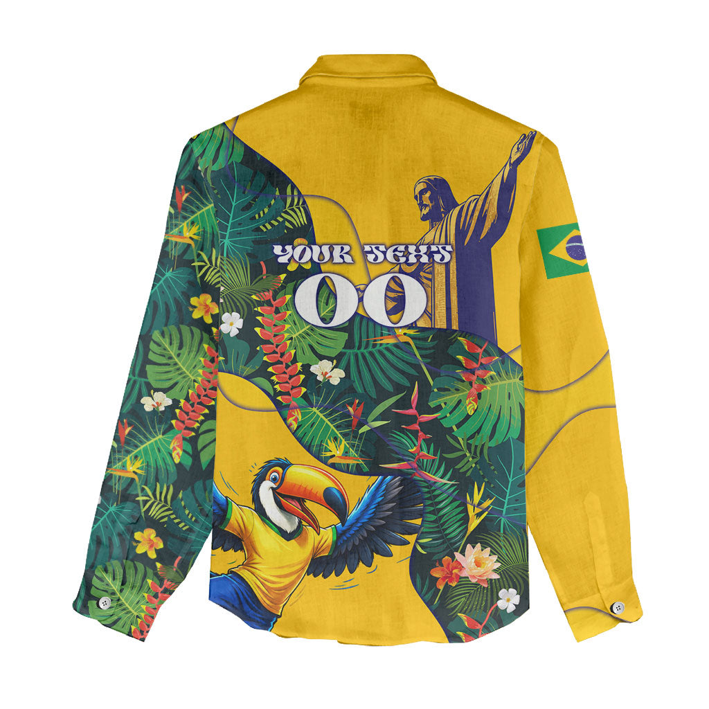 Personalized Brazil Soccer Women Casual Shirt Toucan Football Mascot - Christ the Redeemer - Tropical Floral