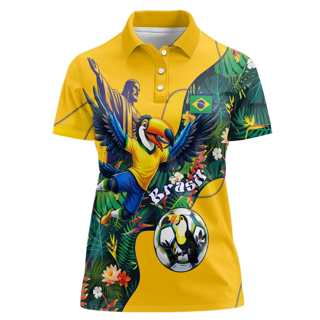 Personalized Brazil Soccer Women Polo Shirt Toucan Football Mascot - Christ the Redeemer - Tropical Floral