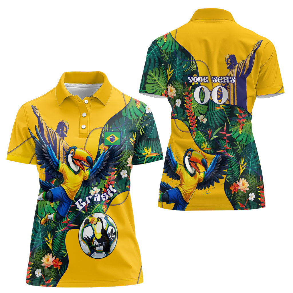 Personalized Brazil Soccer Women Polo Shirt Toucan Football Mascot - Christ the Redeemer - Tropical Floral