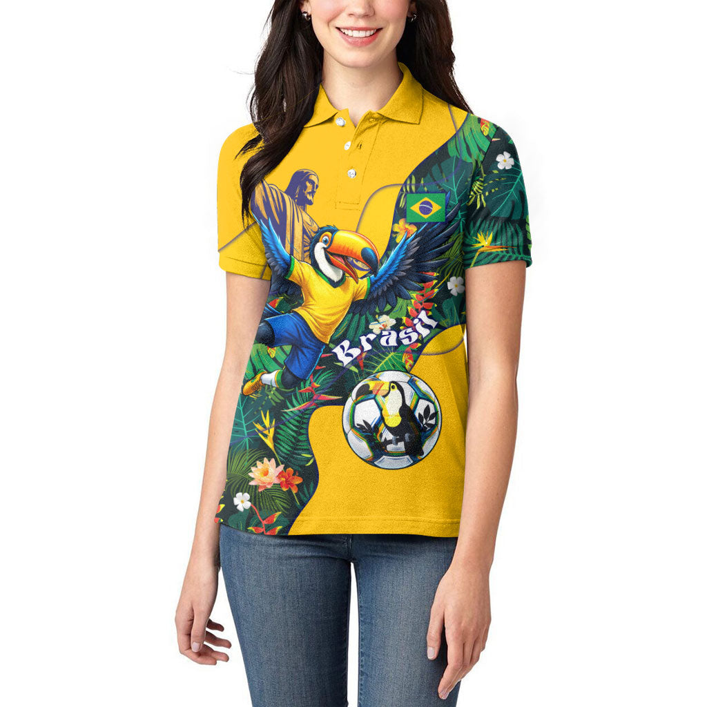 Personalized Brazil Soccer Women Polo Shirt Toucan Football Mascot - Christ the Redeemer - Tropical Floral