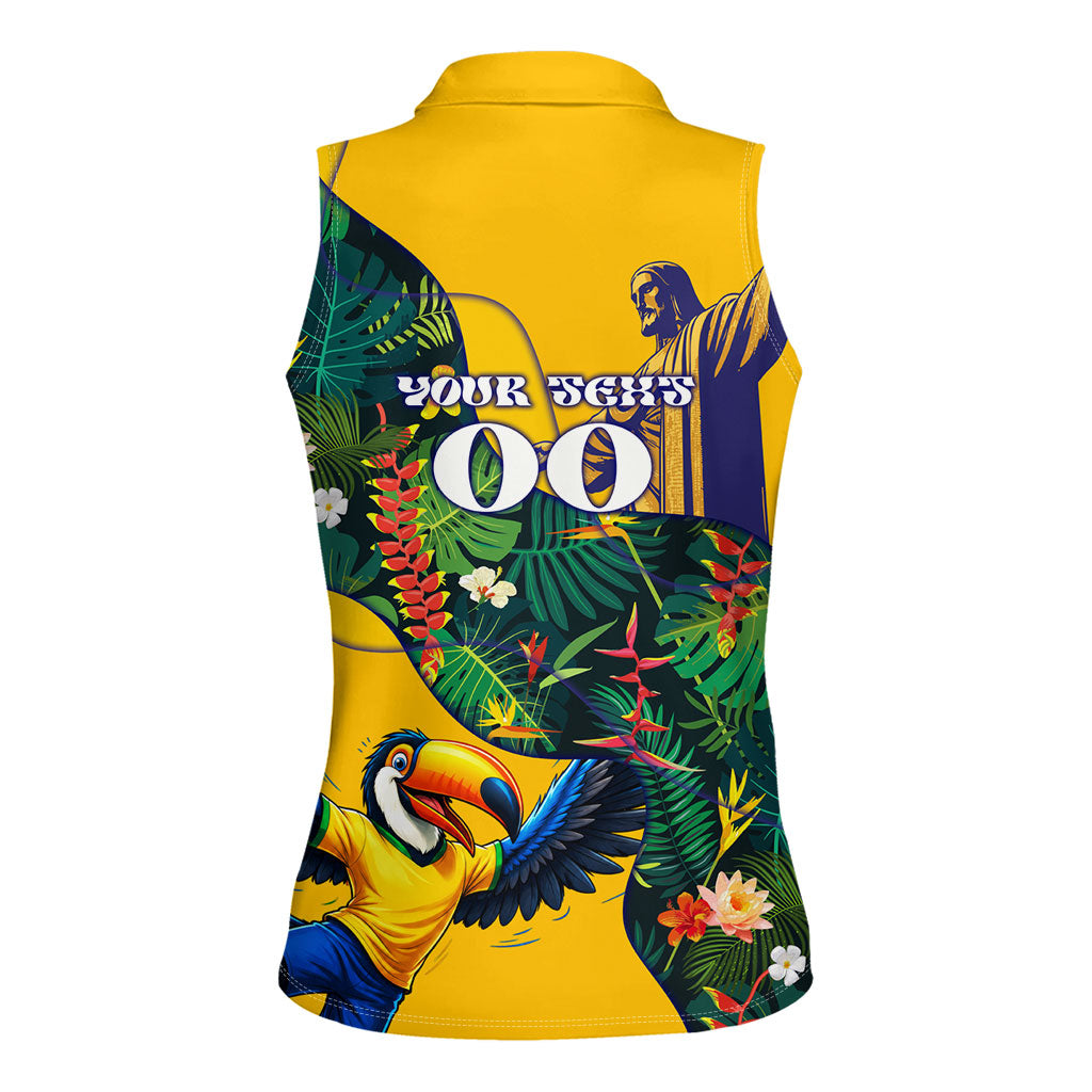 Personalized Brazil Soccer Women Sleeveless Polo Shirt Toucan Football Mascot - Christ the Redeemer - Tropical Floral