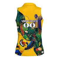 Personalized Brazil Soccer Women Sleeveless Polo Shirt Toucan Football Mascot - Christ the Redeemer - Tropical Floral