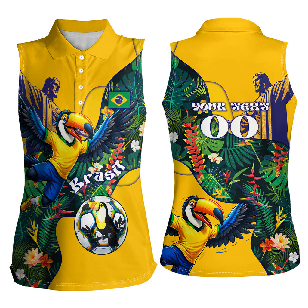 Personalized Brazil Soccer Women Sleeveless Polo Shirt Toucan Football Mascot - Christ the Redeemer - Tropical Floral