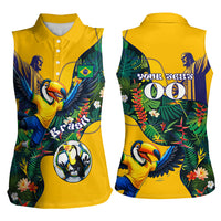 Personalized Brazil Soccer Women Sleeveless Polo Shirt Toucan Football Mascot - Christ the Redeemer - Tropical Floral