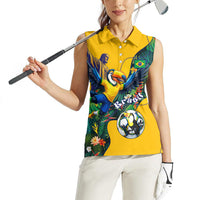 Personalized Brazil Soccer Women Sleeveless Polo Shirt Toucan Football Mascot - Christ the Redeemer - Tropical Floral
