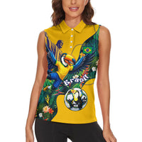 Personalized Brazil Soccer Women Sleeveless Polo Shirt Toucan Football Mascot - Christ the Redeemer - Tropical Floral