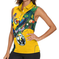 Personalized Brazil Soccer Women Sleeveless Polo Shirt Toucan Football Mascot - Christ the Redeemer - Tropical Floral