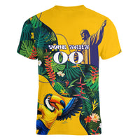 Personalized Brazil Soccer Women V-Neck T-Shirt Toucan Football Mascot - Christ the Redeemer - Tropical Floral