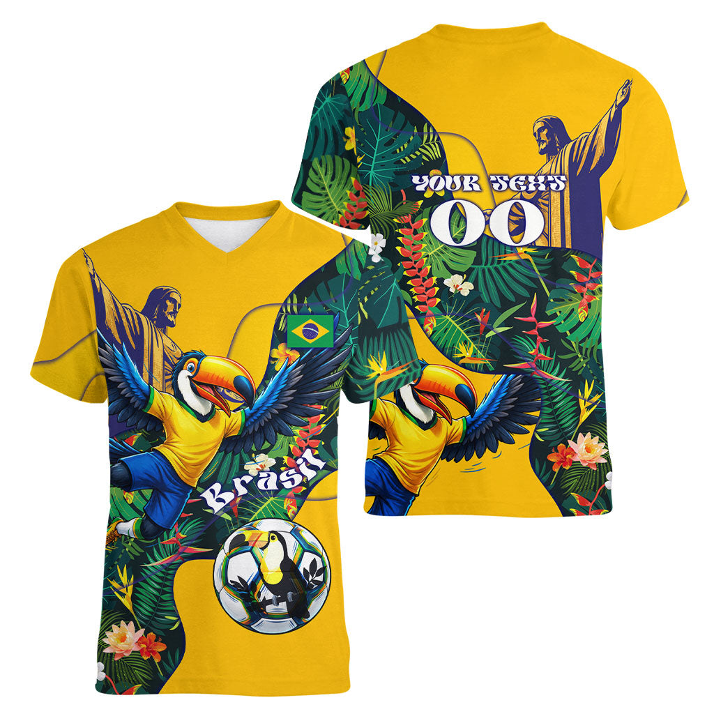 Personalized Brazil Soccer Women V-Neck T-Shirt Toucan Football Mascot - Christ the Redeemer - Tropical Floral