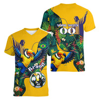 Personalized Brazil Soccer Women V-Neck T-Shirt Toucan Football Mascot - Christ the Redeemer - Tropical Floral