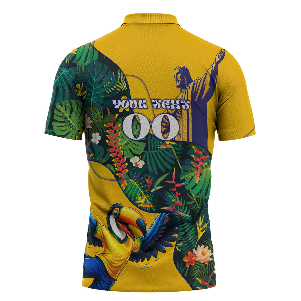 Personalized Brazil Soccer Zipper Polo Shirt Toucan Football Mascot - Christ the Redeemer - Tropical Floral