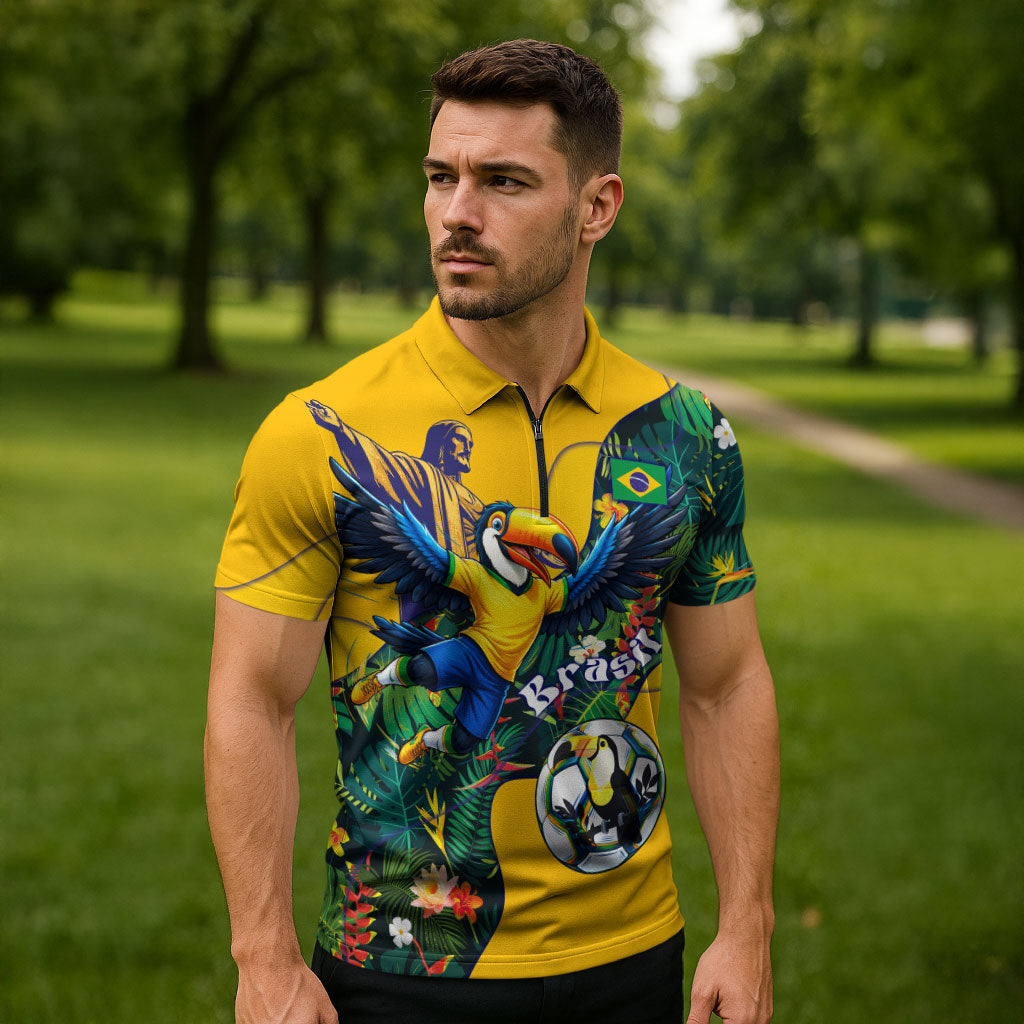 Personalized Brazil Soccer Zipper Polo Shirt Toucan Football Mascot - Christ the Redeemer - Tropical Floral