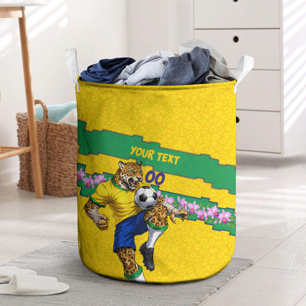 Personalized Brazil Soccer Laundry Basket Jaguar Football Mascot - National Flag and Floral Accents